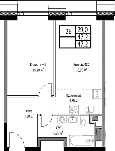 Планировка: Евродвушка 47,2 м² в ЖК «Мираполис»