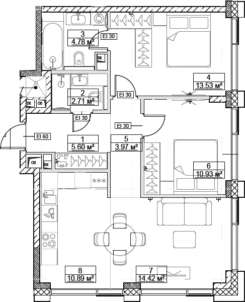 Планировка: Евротрёшка 66,8 м² в ЖК «Сити Бэй»