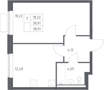 Планировка: 1-комнатная квартира 38,9 м² в ЖК «Новое Видное»