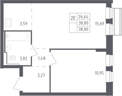 Планировка: Евродвушка 38,8 м² в ЖК «Рублевский квартал»