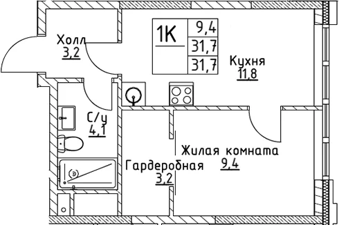 Планировка: 1-комнатная квартира 31,7 м² в ЖК «ВЭРИ на Миклухо-Маклая»