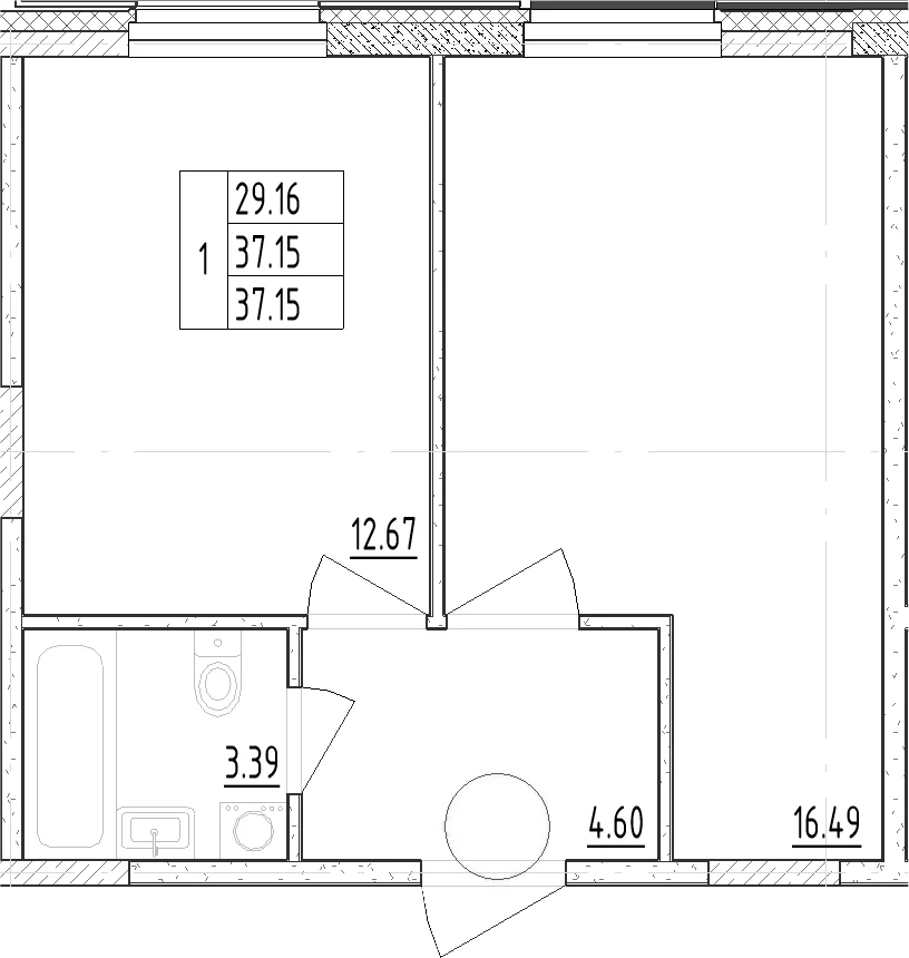 Планировка: 1-комнатная квартира 38,3 м² в ЖК «Зум Черная Речка»