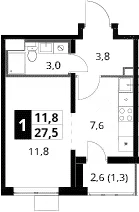 Планировка: Студия 26,2 м² в ЖК «1-й Южный»