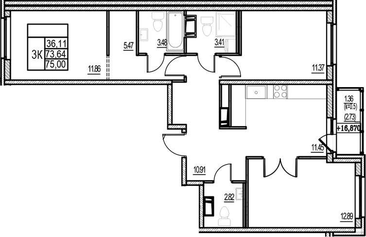 Планировка: 3-комнатная квартира 73,7 м² в ЖК «ID Murino III»