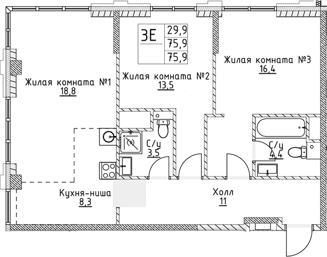 Планировка: Евротрёшка 75,9 м² в ЖК «ВЭРИ на Миклухо-Маклая»