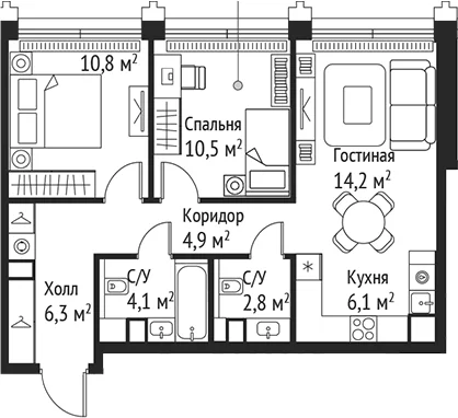 Планировка: Евротрёшка 59,7 м² в ЖК «СЕТ»