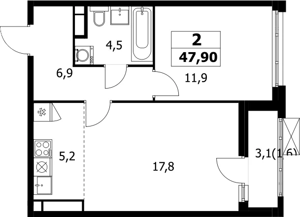 Планировка: Евродвушка 46,3 м² в ЖК «Прокшино»