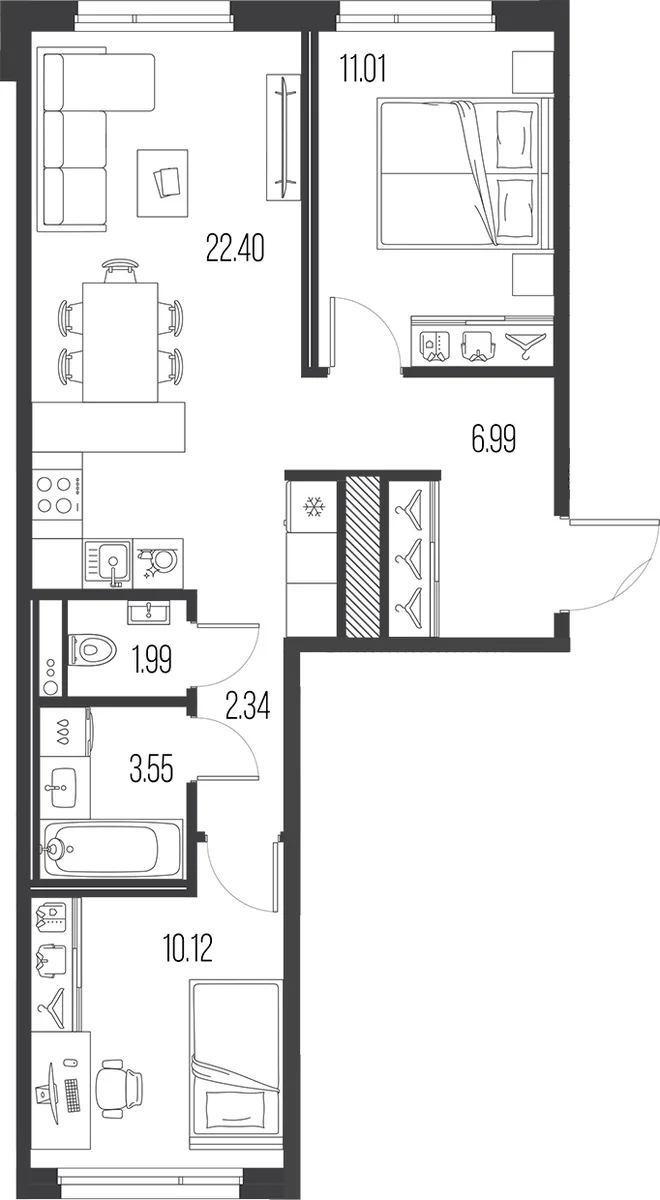 Планировка: Евротрёшка 58,4 м² в ЖК «Легенда Васильевского»
