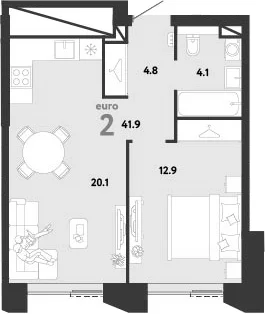 Планировка: Евродвушка 41,9 м² в ЖК «Страна.Заречная»