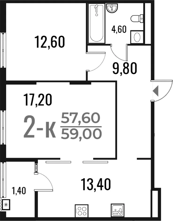 Планировка: 2-комнатная квартира 57,6 м² в ЖК «Новое Летово»