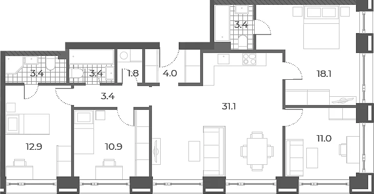 Планировка: Квартира евро-5 103,4 м² в ЖК «Вейв»