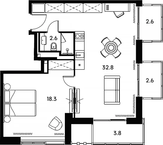 Планировка: Евродвушка 53,7 м² в ЖК «Апарт-отель Аквилон Сигнал»
