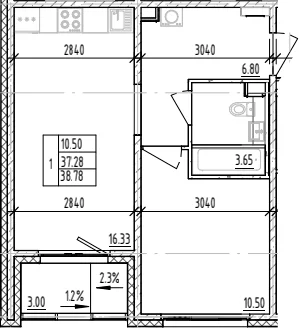 Планировка: 1-комнатная квартира 37,3 м² в ЖК «ЛесАрт»
