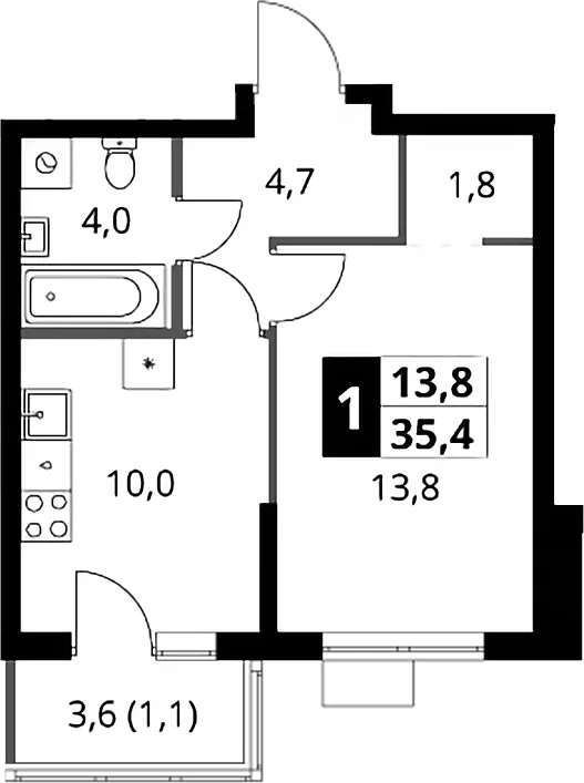 Планировка: 1-комнатная квартира 34,3 м² в ЖК «1-й Ясеневский»