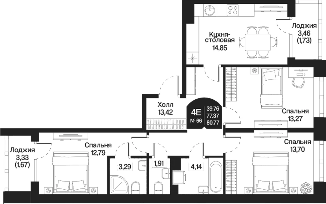 Планировка: Квартира евро-4 77,4 м² в ЖК «Охтинские высоты»