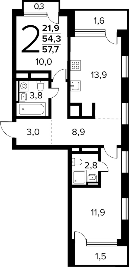 Планировка: 2-комнатная квартира 54,3 м² в ЖК «Новые Ватутинки Квартал у реки»