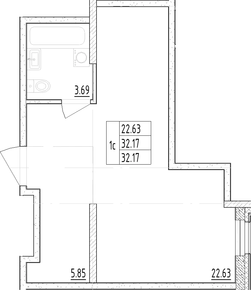 Планировка: Студия 33,3 м² в ЖК «Зум Черная Речка»