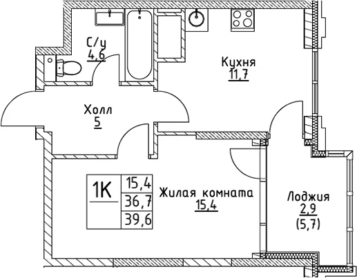 Планировка: 1-комнатная квартира 36,7 м² в ЖК «ВЭРИ на Миклухо-Маклая»