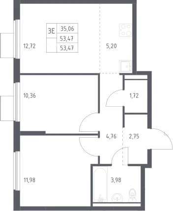 Планировка: Евротрёшка 53,5 м² в ЖК «Горки Парк»