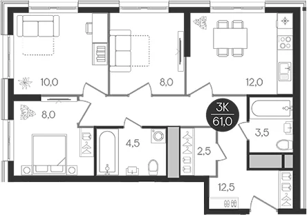 Планировка: 3-комнатная квартира 61 м² в ЖК «Кантемировский»