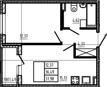 Планировка: Евродвушка 36,5 м² в ЖК «Новая история»