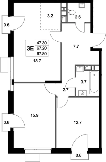 Планировка: Евротрёшка 67,2 м² в ЖК «Легенда Марусино»