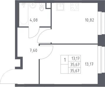 Планировка: 1-комнатная квартира 35,7 м² в ЖК «ЭкоБунино»