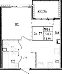 Планировка: Евродвушка 35 м² в ЖК «ЛесАрт»