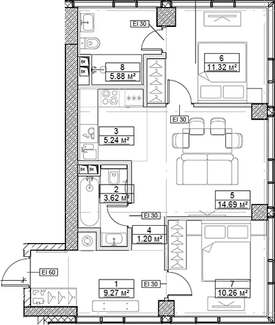 Планировка: Евротрёшка 61,5 м² в ЖК «Сити Бэй»