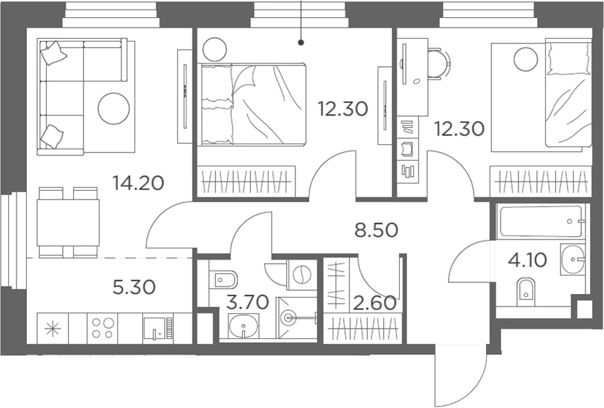 Планировка: Евротрёшка 63 м² в ЖК «Белый Град»