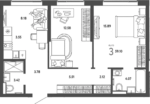 Планировка: Евротрёшка 59,1 м² в ЖК «Страна.Парковая»