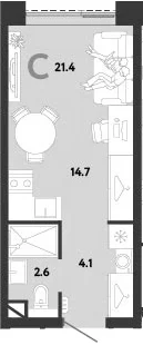 Планировка: Студия 21,4 м² в ЖК «Страна.Заречная»
