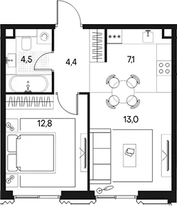 Планировка: Евродвушка 41,8 м² в ЖК «Клубный город на реке Примавера»