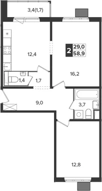 Планировка: 2-комнатная квартира 57,2 м² в ЖК «Южная Битца»