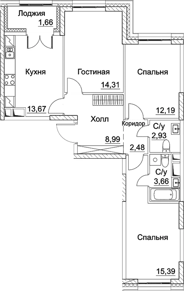 Планировка: 3-комнатная квартира 73,6 м² в ЖК «СЕЗАР СИТИ»