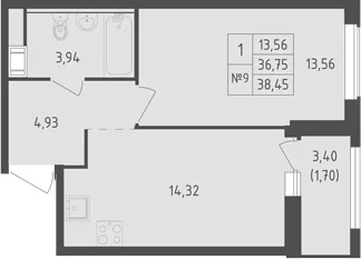 Планировка: 1-комнатная квартира 36,8 м² в ЖК «Южная Нева»