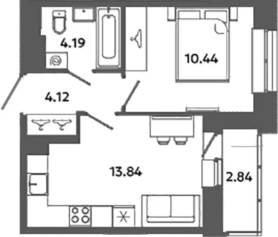 Планировка: 1-комнатная квартира 32,6 м² в ЖК «Загляденье»