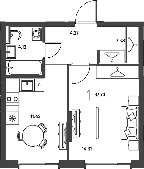 Планировка: 1-комнатная квартира 37,7 м² в ЖК «Страна.Парковая»