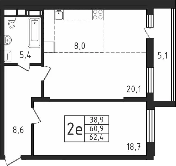 Планировка: Евродвушка 60,9 м² в ЖК «Пироговская ривьера»
