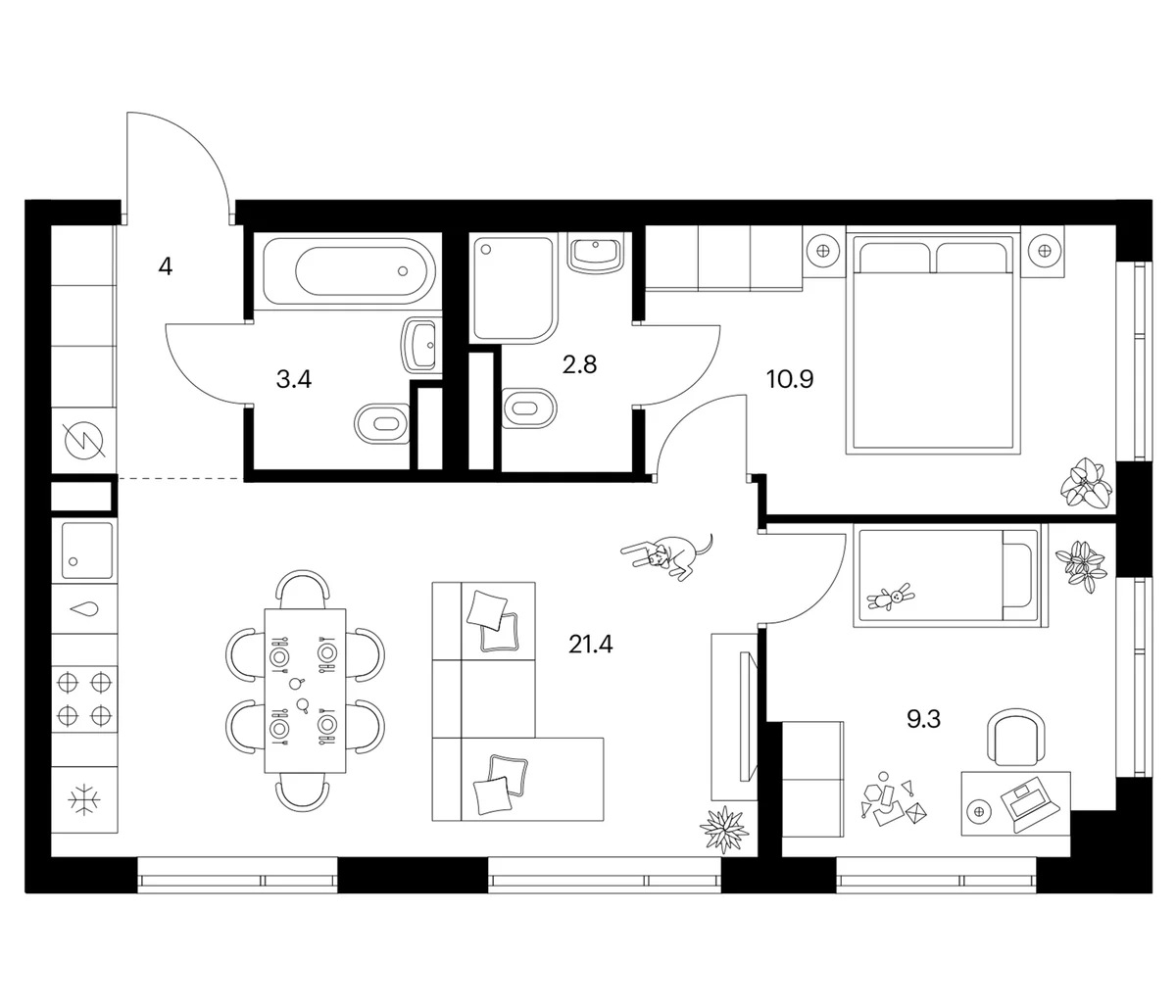 Планировка: 2-комнатная квартира 51,8 м² в ЖК «Бунинская набережная»