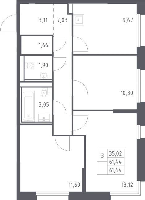 Планировка: 3-комнатная квартира 61,4 м² в ЖК «Квартал Строгино»