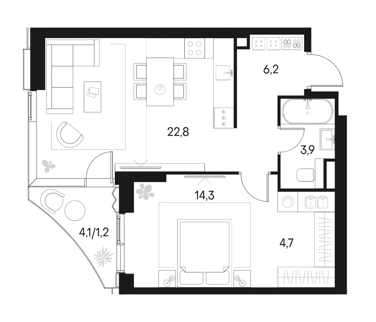 Планировка: Евродвушка 51,9 м² в ЖК «Клубный город на реке Примавера»