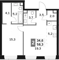 Планировка: Евродвушка 58,3 м² в ЖК «Амбер Сити»
