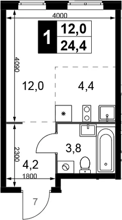 Планировка: Студия 24,4 м² в ЖК «1-й Химкинский»
