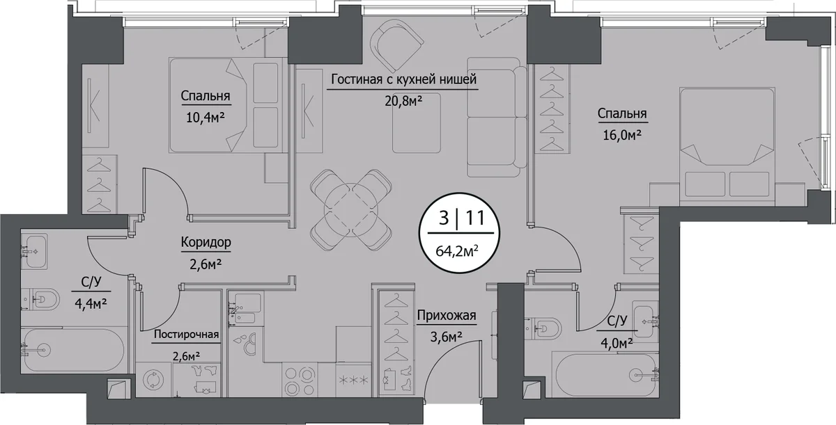Планировка: Евротрёшка 64,5 м² в ЖК «hide»