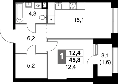 Планировка: Евродвушка 44,2 м² в ЖК «Скай Гарден»