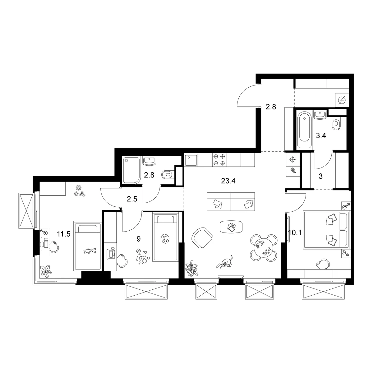 Планировка: 3-комнатная квартира 72,7 м² в ЖК «2-й Иртышский»