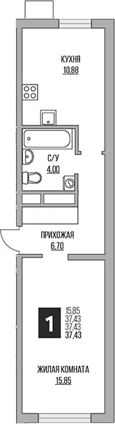 Планировка: 1-комнатная квартира 37,4 м² в ЖК «Гранель Притяжение Сити»