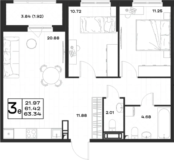 Планировка: Евротрёшка 61,4 м² в ЖК «Имена»