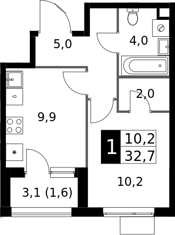 Планировка: 1-комнатная квартира 31,1 м² в ЖК «1-й Измайловский»